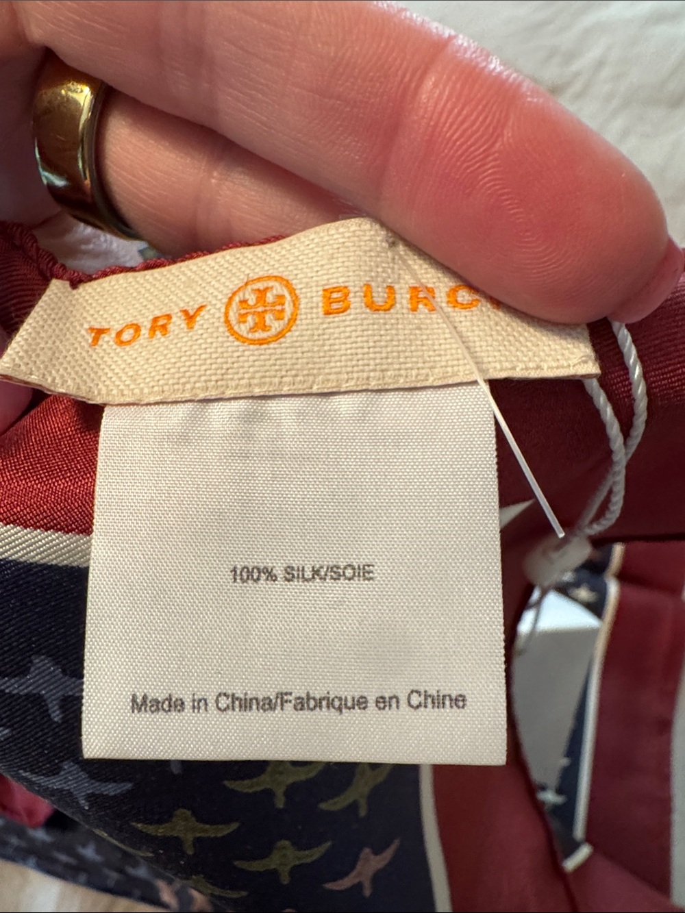 Tory Burch Navy and Burgundy Silk Logo-Motif Scarf - Picture 3 of 8